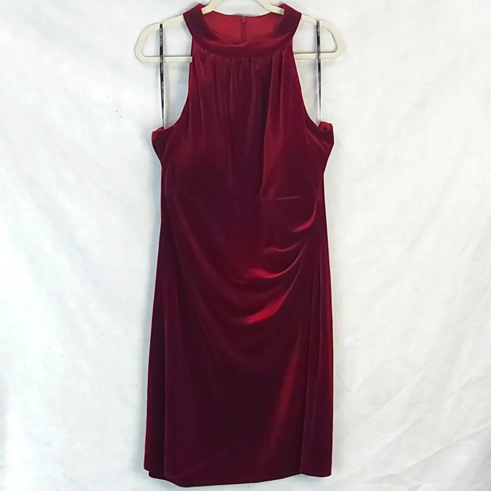 Vince Camuto Red Burgundy Velvet Halter Sleeveless Over Knee Dress 18 XXL # - Picture 2 of 13